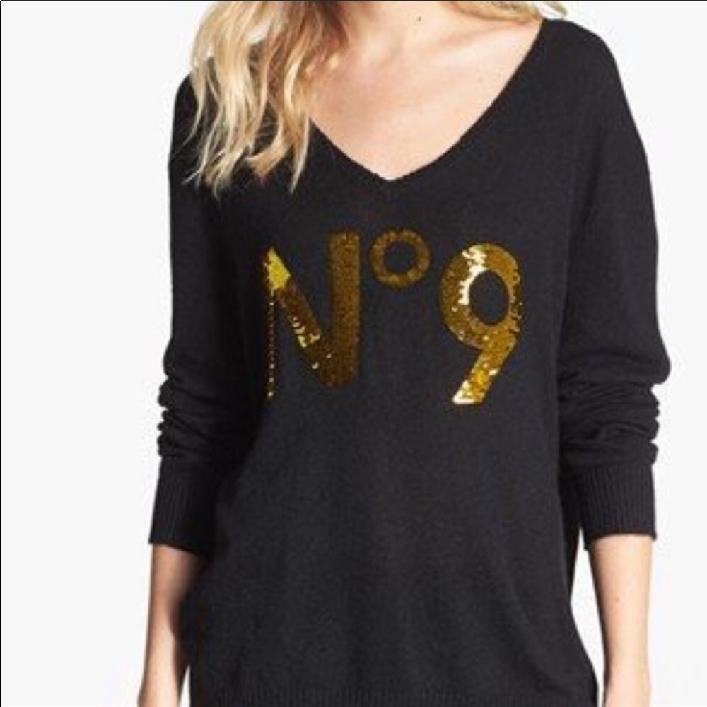 Wildfox No. 9 Black Sweater Pullover Top V-Neck Gold Sequins Small